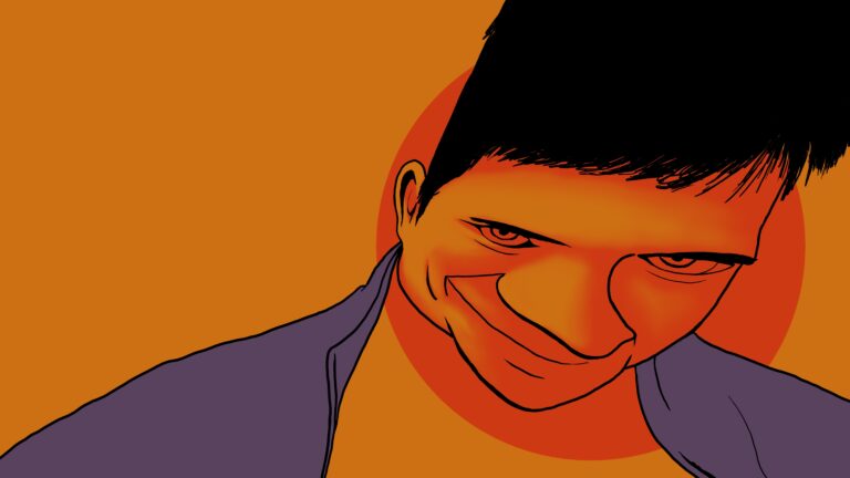 Warped and stylized self-portrait of Morgun as a teenager.