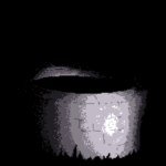 Pixelated drawing of a pitch black space; a weak flashlight lights up the brick and shape of a well.