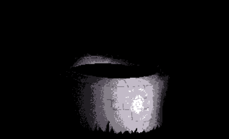Pixelated drawing of a pitch black space; a weak flashlight lights up the brick and shape of a well.